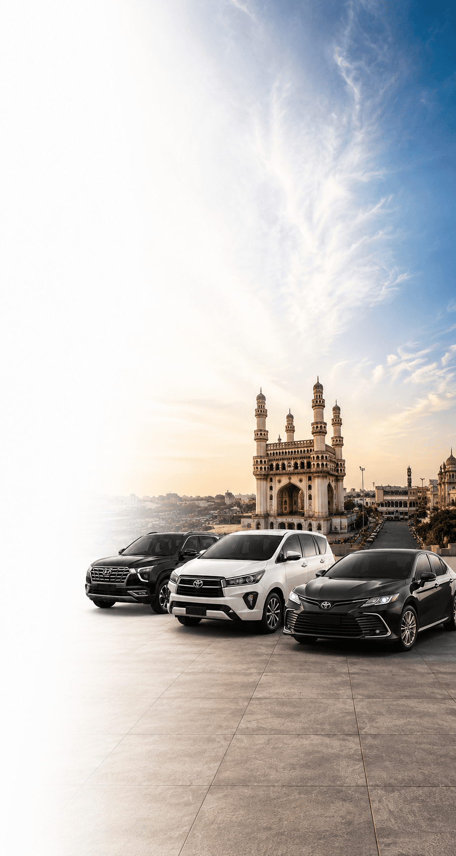 Fleet of rental cars in front of Charminar, Hyderabad