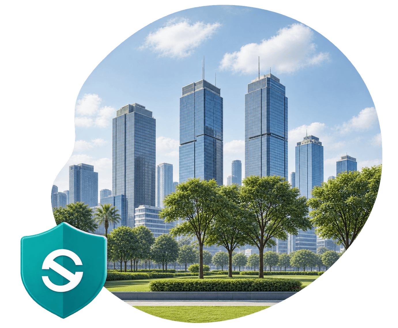 City skyline with greenery